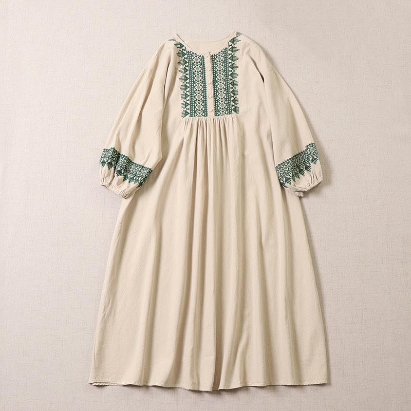 Buddha Stones – Lässiges Midikleid aus Baumwolle und Leinen mit künstlerischer geometrischer Stickerei und Knopfleiste vorne - Beige - US8-10， UK/AU12-14，EU40-42 (2XL) - image 7