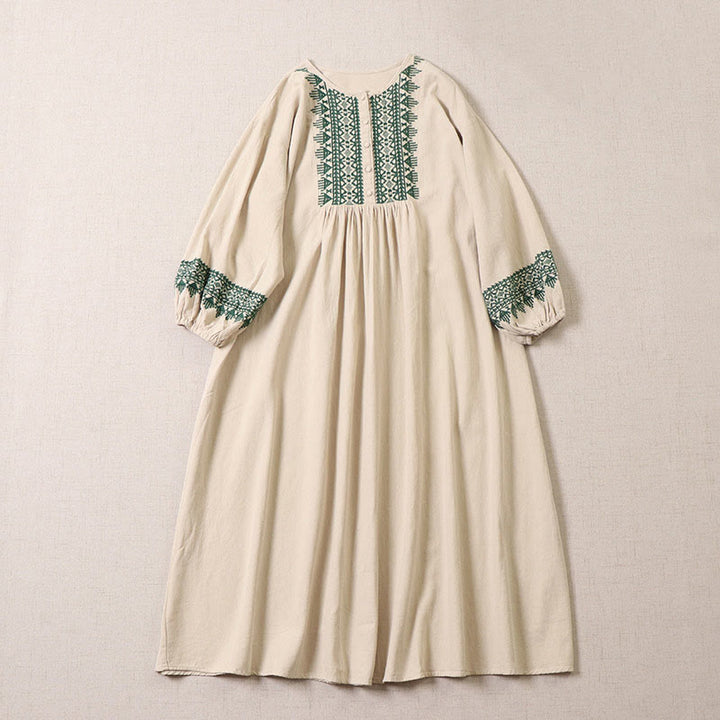 Buddha Stones – Lässiges Midikleid aus Baumwolle und Leinen mit künstlerischer geometrischer Stickerei und Knopfleiste vorne - Beige - US8-10， UK/AU12-14，EU40-42 (2XL) - image 7