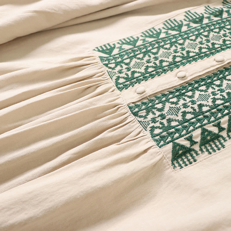 Buddha Stones – Lässiges Midikleid aus Baumwolle und Leinen mit künstlerischer geometrischer Stickerei und Knopfleiste vorne - image 16