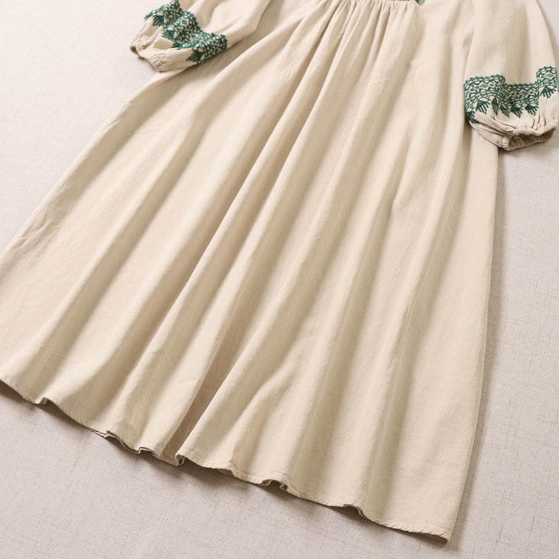 Buddha Stones – Lässiges Midikleid aus Baumwolle und Leinen mit künstlerischer geometrischer Stickerei und Knopfleiste vorne - image 13