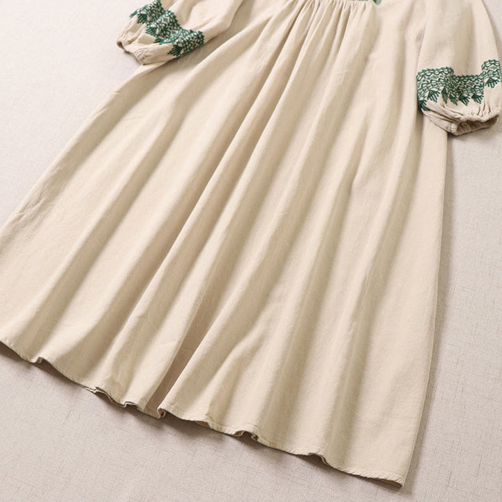 Buddha Stones – Lässiges Midikleid aus Baumwolle und Leinen mit künstlerischer geometrischer Stickerei und Knopfleiste vorne - image 13