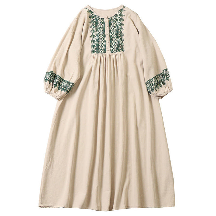 Lässiges Midikleid mit Buddha Stones, kunstvoller geometrischer Stickerei, Knopfleiste vorne, langen Laternenärmeln - image 20