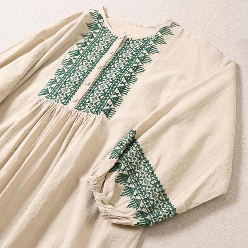 Buddha Stones – Lässiges Midikleid aus Baumwolle und Leinen mit künstlerischer geometrischer Stickerei und Knopfleiste vorne - image 10