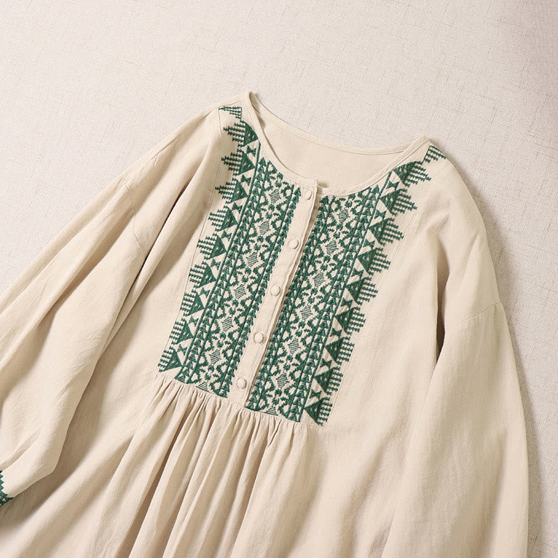 Buddha Stones – Lässiges Midikleid aus Baumwolle und Leinen mit künstlerischer geometrischer Stickerei und Knopfleiste vorne - image 9