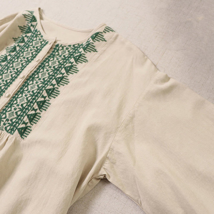 Buddha Stones – Lässiges Midikleid aus Baumwolle und Leinen mit künstlerischer geometrischer Stickerei und Knopfleiste vorne - image 11