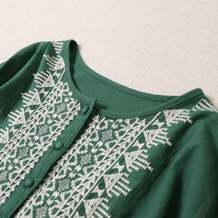 Buddha Stones – Lässiges Midikleid aus Baumwolle und Leinen mit künstlerischer geometrischer Stickerei und Knopfleiste vorne - image 3