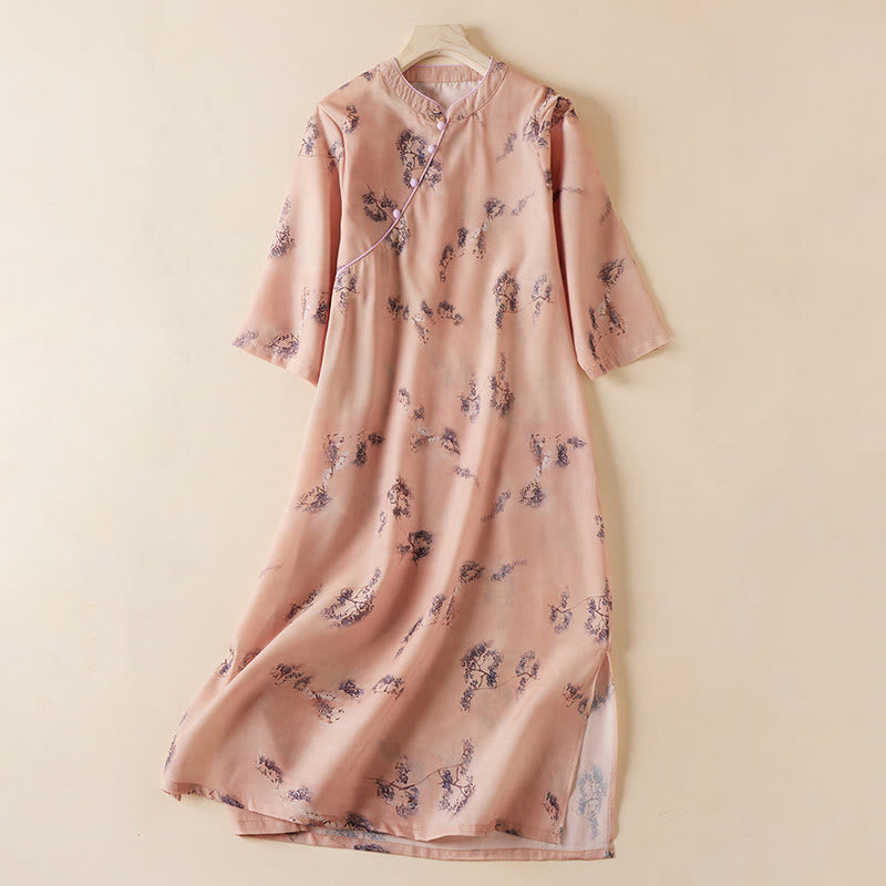 Buddha Stones Sommer-Cheongsam-Midikleid aus Baumwolle mit Vintage-Druck, Blumenmuster, schrägem Knopf, Stehkragen, halblangen Ärmeln und Taschen - DarkSalmon - US12， UK/AU16，EU44 (3XL) - image 0