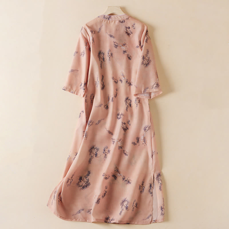 Buddha Stones Sommer-Cheongsam-Midikleid aus Baumwolle mit Vintage-Druck, Blumenmuster, schrägem Knopf, Stehkragen, halblangen Ärmeln und Taschen - image 1