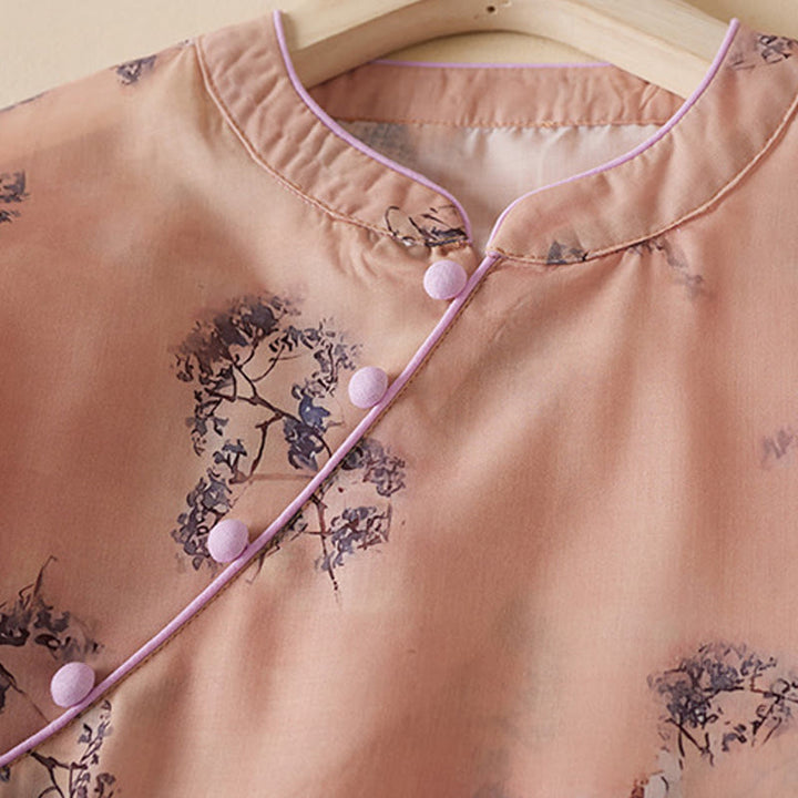 Buddha Stones Sommer-Cheongsam-Midikleid aus Baumwolle mit Vintage-Druck, Blumenmuster, schrägem Knopf, Stehkragen, halblangen Ärmeln und Taschen - image 2