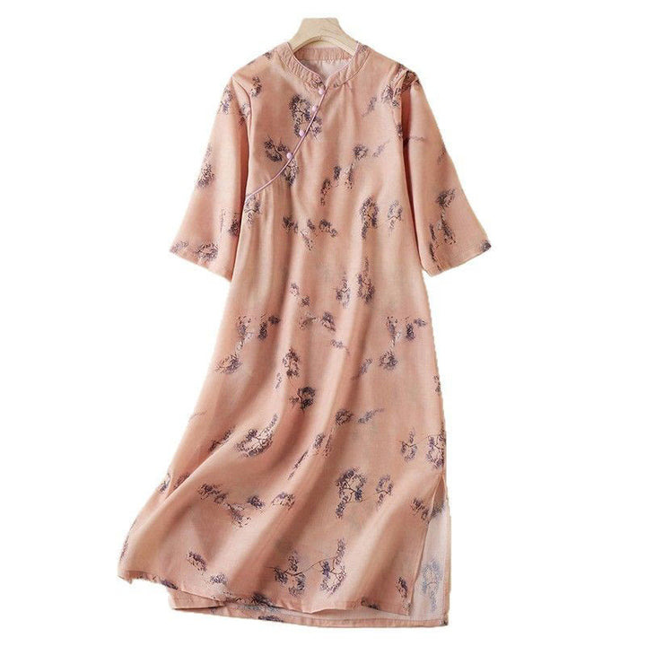 Buddha Stones Sommer-Cheongsam-Midikleid aus Baumwolle mit Vintage-Druck, Blumenmuster, schrägem Knopf, Stehkragen, halblangen Ärmeln und Taschen - image 7