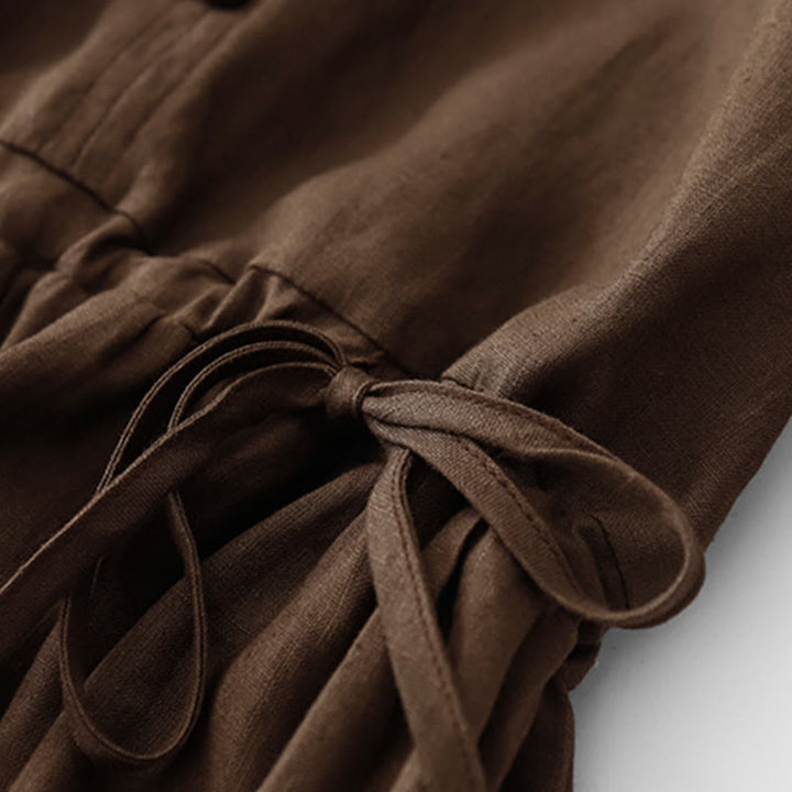 Buddha Stones Vintage Casual einfarbiges Midikleid aus Baumwolle mit Falten, Kordelzug, halben Ärmeln und Taschen - image 3
