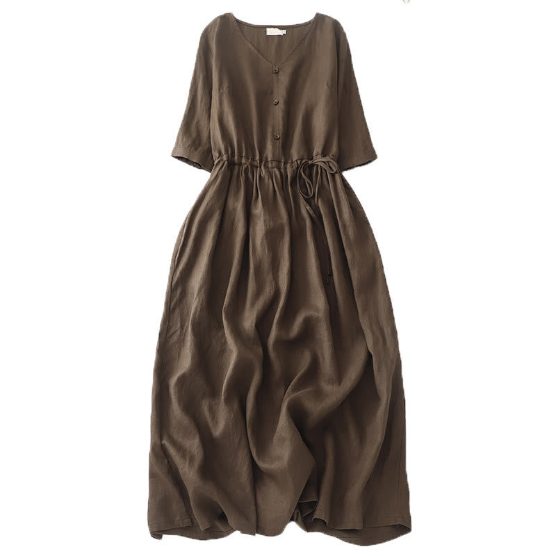 Buddha Stones Vintage Lässiges, einfarbiges, plissiertes Kordelzug-Design, Halbarm-Midikleid aus Baumwolle und Leinen mit Taschen - Sattelbraun - US 8-10, UK/AU 12-14, EU 40-42 (2XL) - image 0