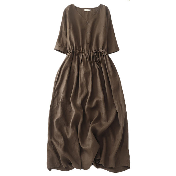 Buddha Stones Vintage Casual einfarbiges Midikleid aus Baumwolle mit Falten, Kordelzug, halben Ärmeln und Taschen - Sattelbraun - US 8-10, UK/AU 12-14, EU 40-42 (2XL) - image 0