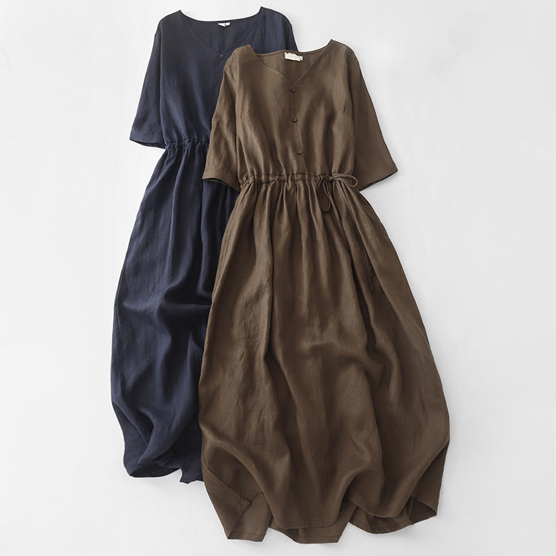 Buddha Stones Vintage Casual einfarbiges Midikleid aus Baumwolle mit Falten, Kordelzug, halben Ärmeln und Taschen - image 17