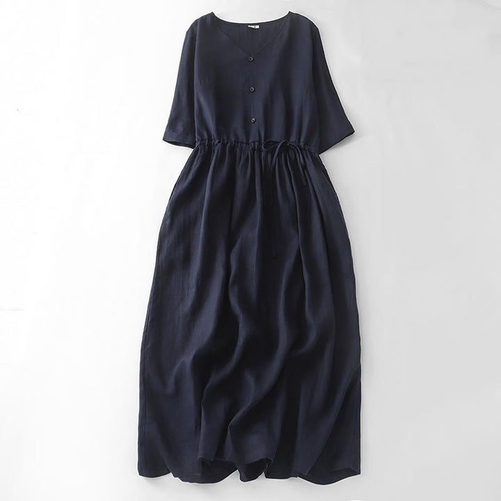 Buddha Stones Vintage Casual einfarbiges Midikleid aus Baumwolle mit Falten, Kordelzug, halben Ärmeln und Taschen - Mitternachtsblau - US 8-10, UK/AU 12-14, EU 40-42 (2XL) - image 10