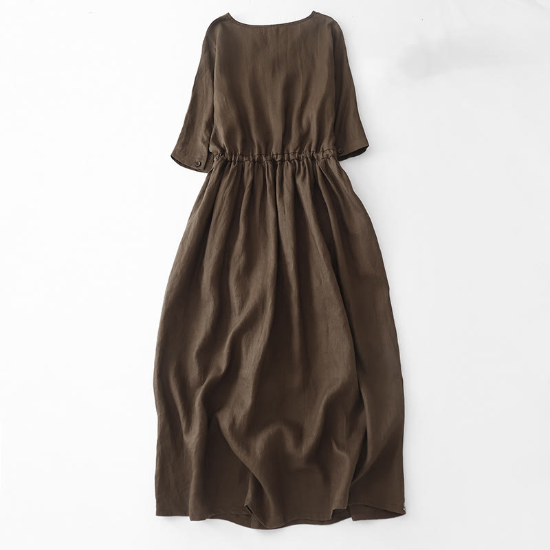 Buddha Stones Vintage Casual einfarbiges Midikleid aus Baumwolle mit Falten, Kordelzug, halben Ärmeln und Taschen - image 1
