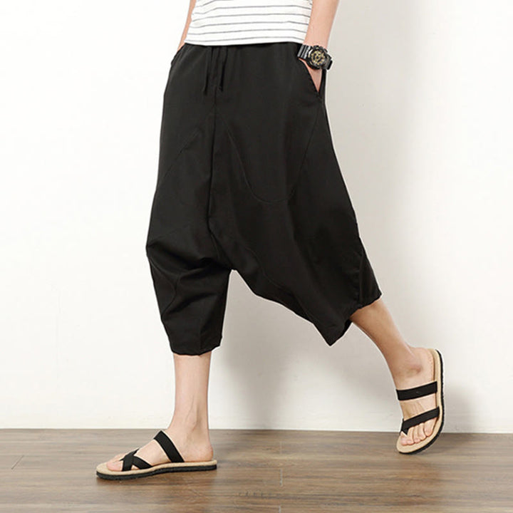 Buddha Stones Spring Plain Simple Patchwork Design Kordelzug Baumwolle Leinen Herren 7-8 Länge Weite Beinhose mit Taschen