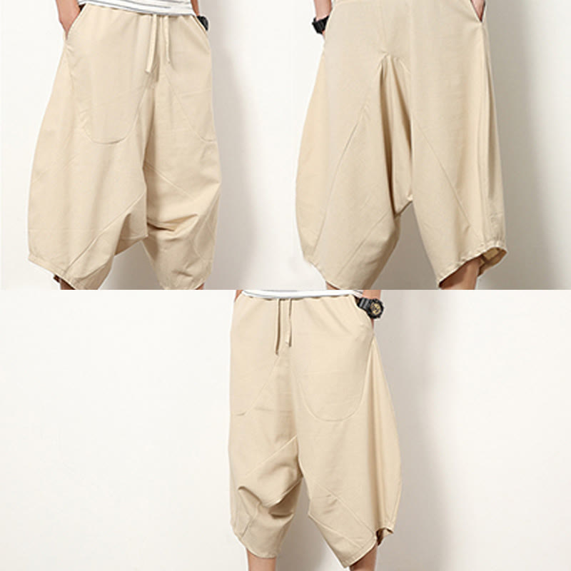 Buddha Stones Spring Plain Simple Patchwork Design Kordelzug Baumwolle Leinen Herren 7-8 Länge Weite Beinhose mit Taschen - image 10