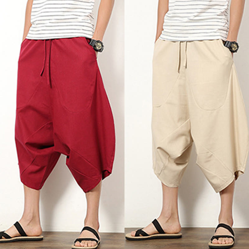 Buddha Stones Spring Plain Simple Patchwork Design Kordelzug Baumwolle Leinen Herren 7-8 Länge Weite Beinhose mit Taschen - image 26