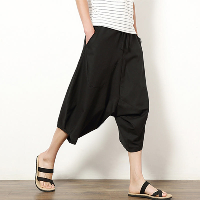 Buddha Stones Spring Plain Simple Patchwork Design Kordelzug Baumwolle Leinen Herren 7-8 Länge Weite Beinhose mit Taschen - image 19