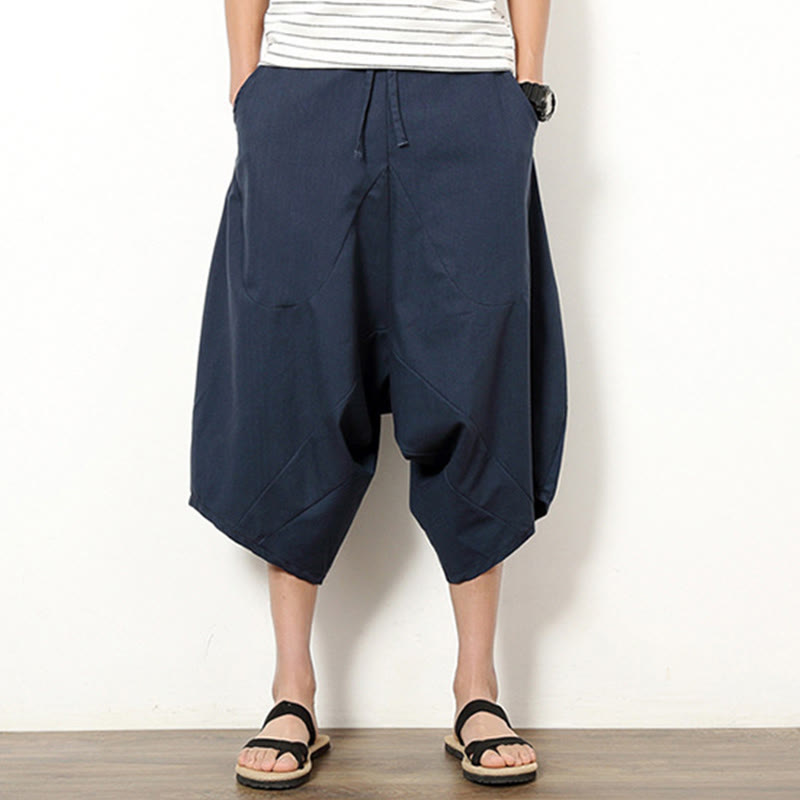 Buddha Stones Spring Plain Simple Patchwork Design Kordelzug Baumwolle Leinen Herren 7-8 Länge Weite Beinhose mit Taschen