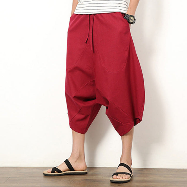Buddha Stones Spring Plain Simple Patchwork Design Kordelzug Baumwolle Leinen Herren 7-8 Länge Weite Beinhose mit Taschen