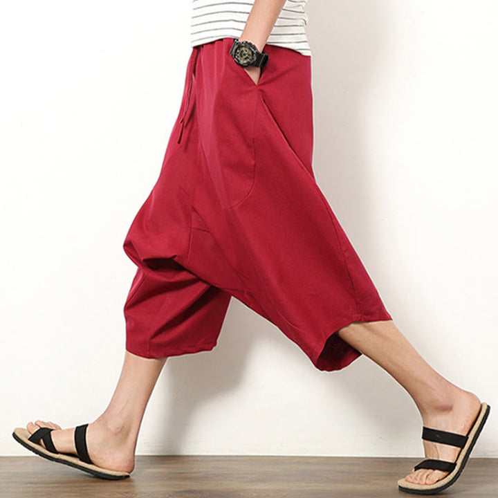 Buddha Stones Spring Plain Simple Patchwork Design Kordelzug Baumwolle Leinen Herren 7-8 Länge Weite Beinhose mit Taschen