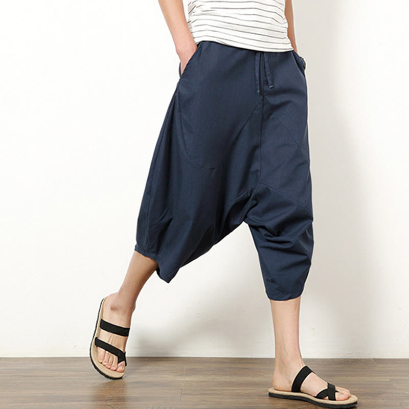 Buddha Stones Spring Plain Simple Patchwork Design Kordelzug Baumwolle Leinen Herren 7-8 Länge Weite Beinhose mit Taschen