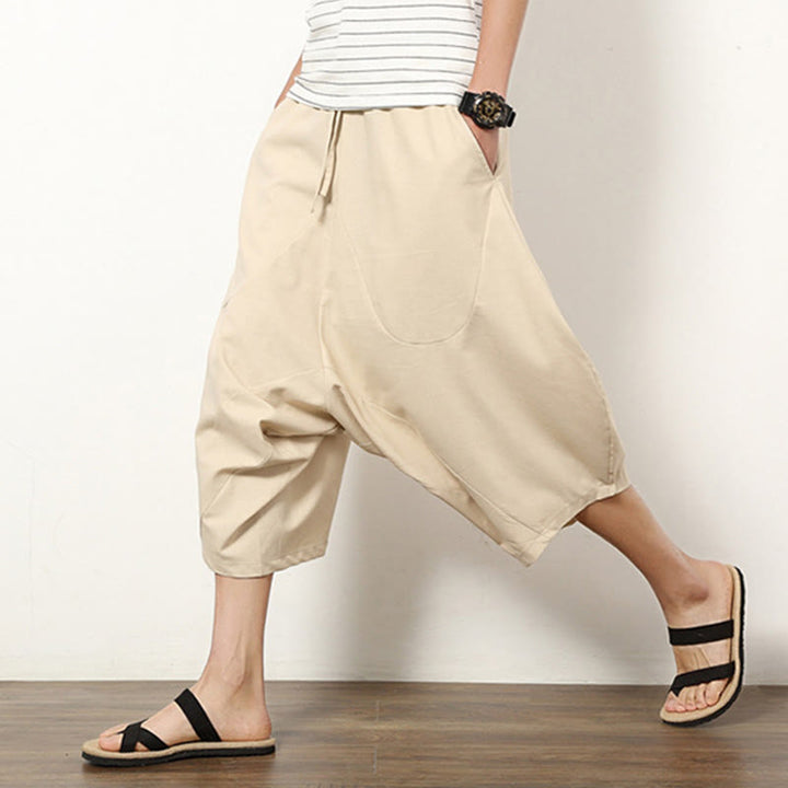 Buddha Stones Spring Plain Simple Patchwork Design Kordelzug Baumwolle Leinen Herren 7-8 Länge Weite Beinhose mit Taschen