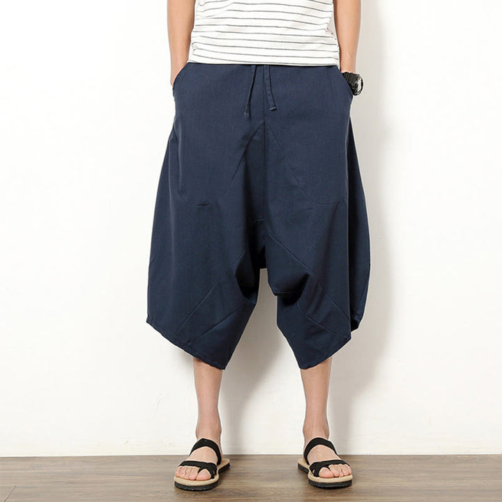 Buddha Stones Spring Plain Simple Patchwork Design Kordelzug Baumwolle Leinen Herren 7-8 Länge Weite Beinhose mit Taschen