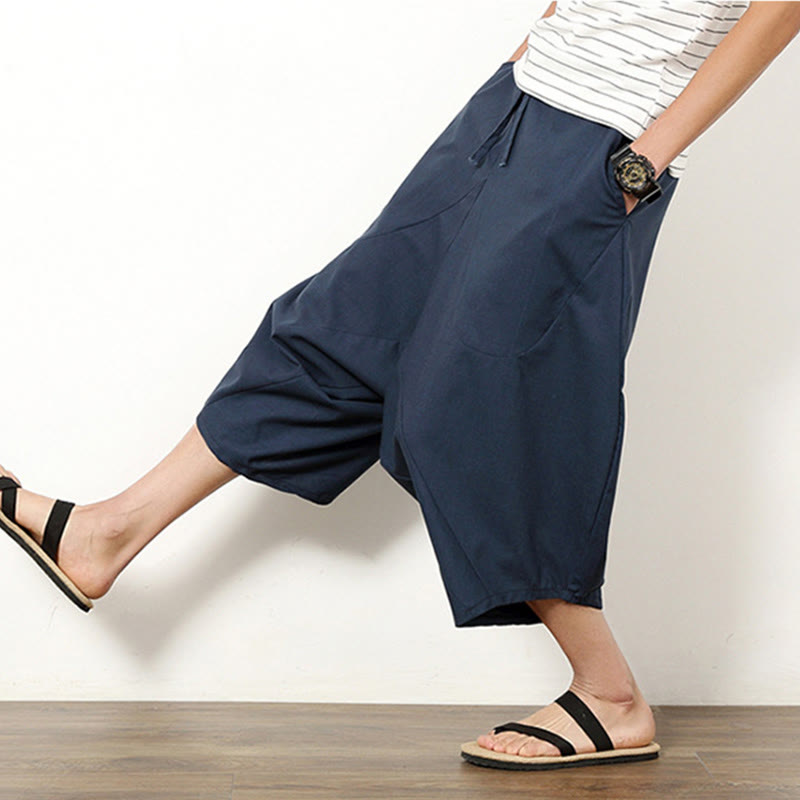 Buddha Stones Spring Plain Simple Patchwork Design Kordelzug Baumwolle Leinen Herren 7-8 Länge Weite Beinhose mit Taschen - image 2