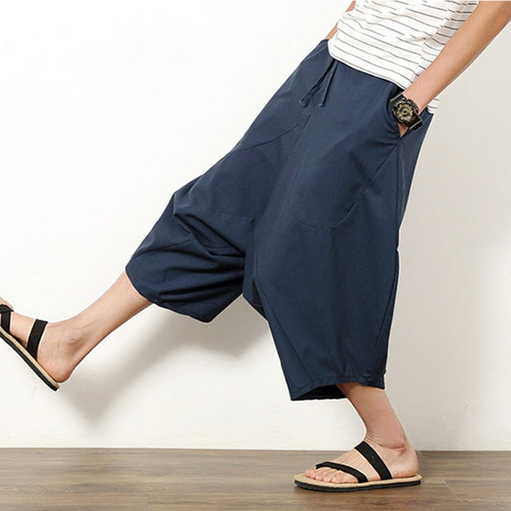 Buddha Stones Spring Plain Simple Patchwork Design Kordelzug Baumwolle Leinen Herren 7-8 Länge Weite Beinhose mit Taschen - image 2