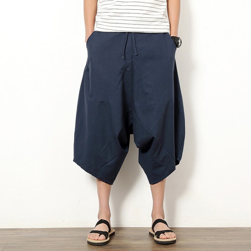 Buddha Stones Spring Plain Simple Patchwork Design Kordelzug Baumwolle Leinen Herren 7-8 Länge Weite Beinhose mit Taschen - DunkelSchieferblau - US/ UK/AU46，EU56 (5XL) - image 0