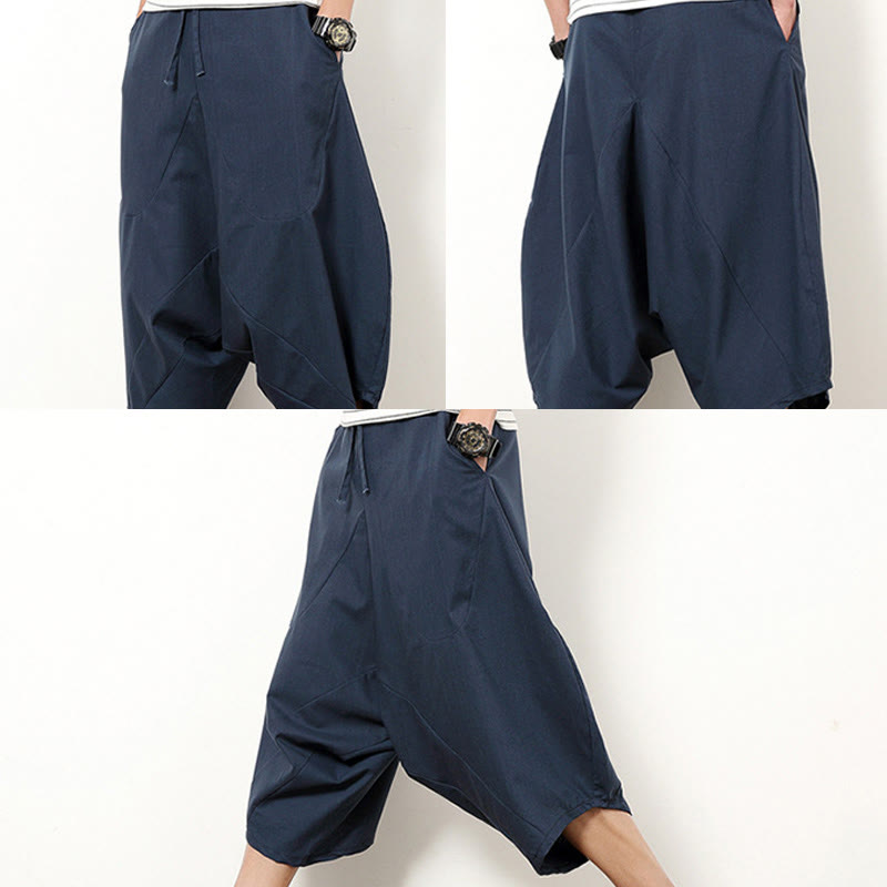 Buddha Stones Spring Plain Simple Patchwork Design Kordelzug Baumwolle Leinen Herren 7-8 Länge Weite Beinhose mit Taschen - image 5