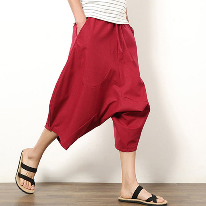 Buddha Stones Spring Plain Simple Patchwork Design Kordelzug Baumwolle Leinen Herren 7-8 Länge Weite Beinhose mit Taschen - image 15