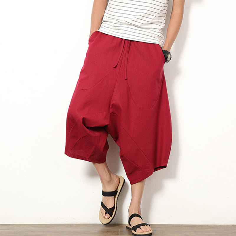 Buddha Stones Spring Plain Simple Patchwork Design Kordelzug Baumwolle Leinen Herren 7-8 Länge Weite Beinhose mit Taschen - Purpurrot - US/ UK/AU46, EU56 (5XL) - image 11