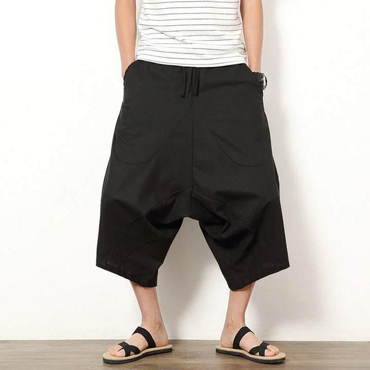 Buddha Stones Spring Plain Simple Patchwork Design Kordelzug Baumwolle Leinen Herren 7-8 Länge Weite Beinhose mit Taschen