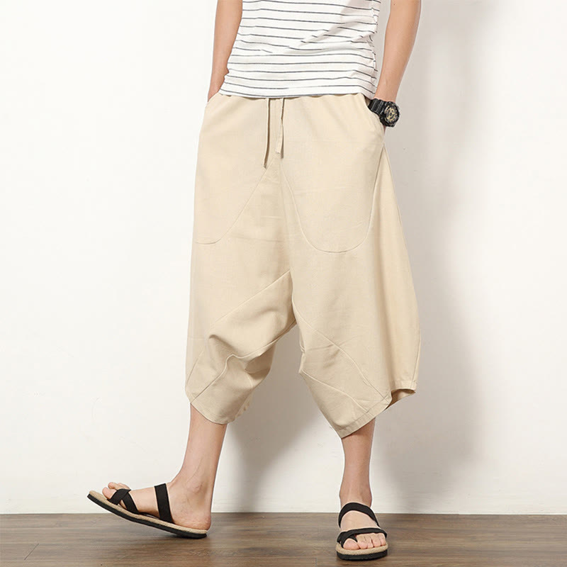 Buddha Stones Spring Plain Simple Patchwork Design Kordelzug Baumwolle Leinen Herren 7-8 Länge Weite Beinhose mit Taschen - Beige - US/ UK/AU46，EU56 (5XL) - image 6