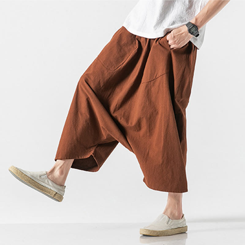 Buddha Stones Lässige Herrenhose aus Baumwollleinen mit weitem Bein und tiefem Schritt, Kordelzug, Länge 7–8, mit Taschen