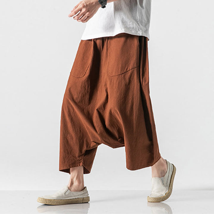 Buddha Stones Lässige Herrenhose aus Baumwollleinen mit weitem Bein und tiefem Schritt, Kordelzug, Länge 7–8, mit Taschen