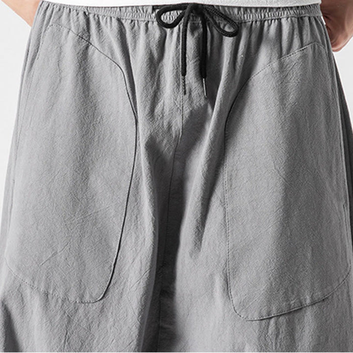 Buddha Stones Lässige Herrenhose aus Baumwollleinen mit weitem Bein und tiefem Schritt, Kordelzug, Länge 7–8, mit Taschen