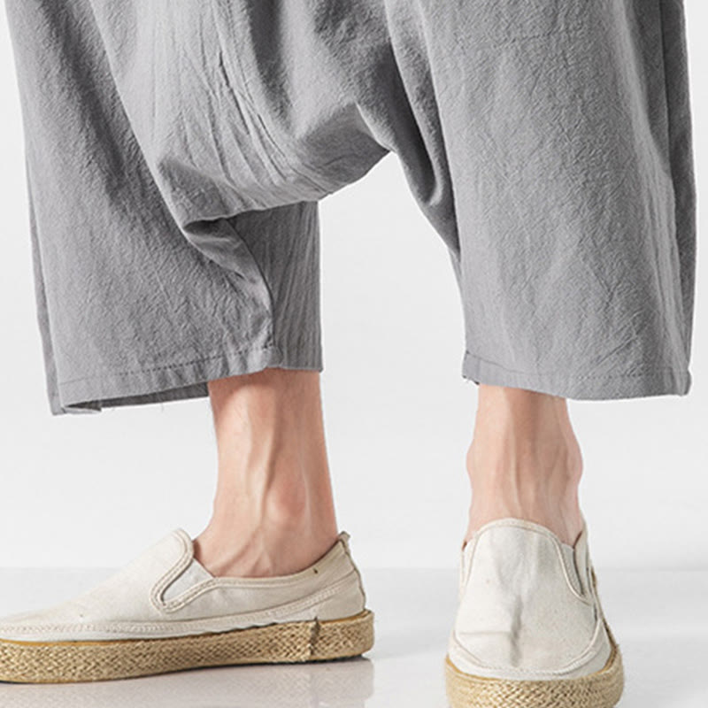 Buddha Stones Lässige Herrenhose aus Baumwollleinen mit weitem Bein und tiefem Schritt, Kordelzug, Länge 7–8, mit Taschen - image 28