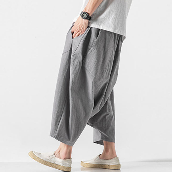 Buddha Stones Lässige Herrenhose aus Baumwollleinen mit weitem Bein und tiefem Schritt, Kordelzug, Länge 7–8, mit Taschen