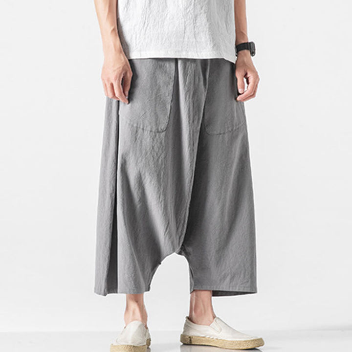 Buddha Stones Lässige Herrenhose aus Baumwollleinen mit weitem Bein und tiefem Schritt, Kordelzug, Länge 7–8, mit Taschen