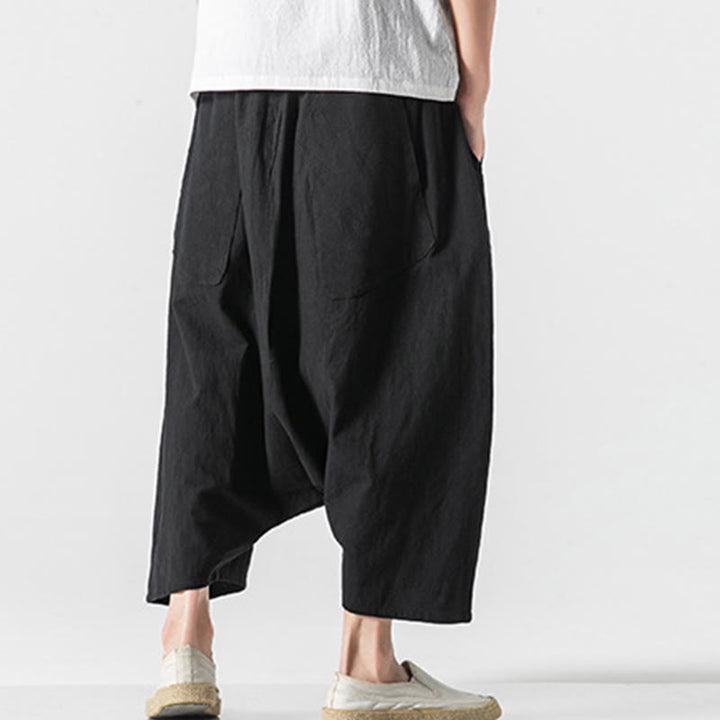 Buddha Stones Lässige Herrenhose aus Baumwollleinen mit weitem Bein und tiefem Schritt, Kordelzug, Länge 7–8, mit Taschen