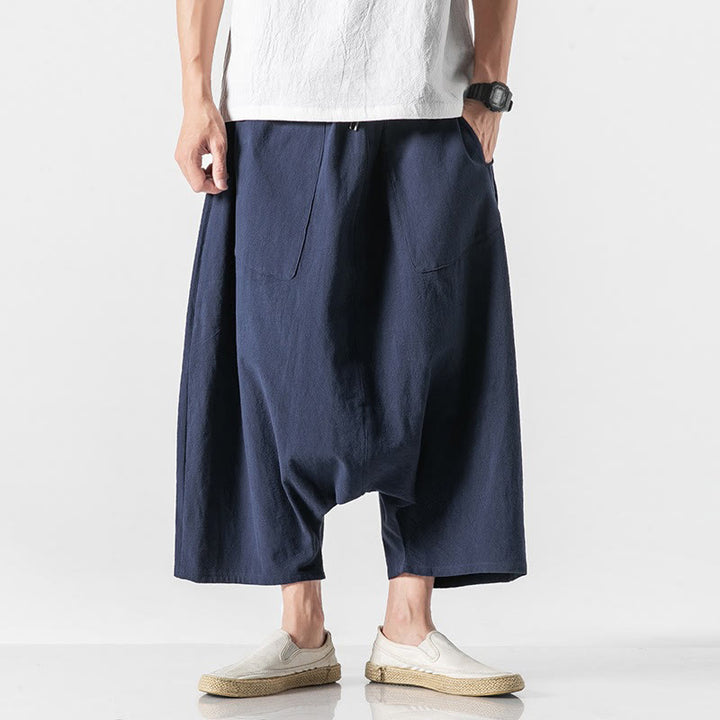 Buddha Stones Lässige Herrenhose aus Baumwollleinen mit weitem Bein und tiefem Schritt, Kordelzug, Länge 7–8, mit Taschen