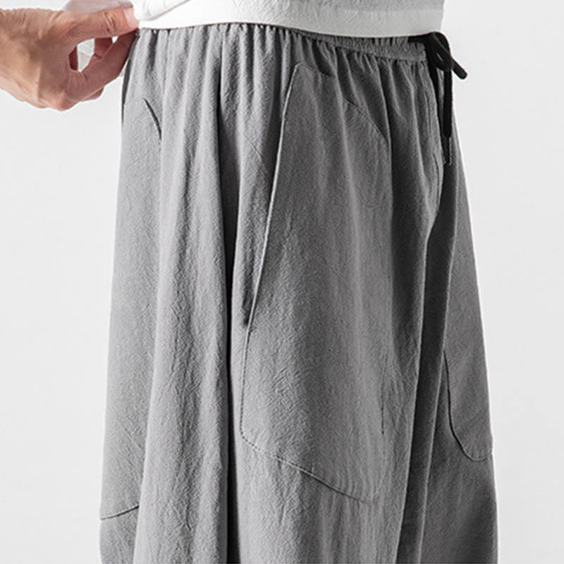 Buddha Stones Lässige Herrenhose aus Baumwollleinen mit weitem Bein und tiefem Schritt, Kordelzug, Länge 7–8, mit Taschen