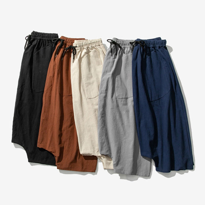 Buddha Stones Lässige Herrenhose aus Baumwollleinen mit weitem Bein und tiefem Schritt, Kordelzug, Länge 7–8, mit Taschen - image 43