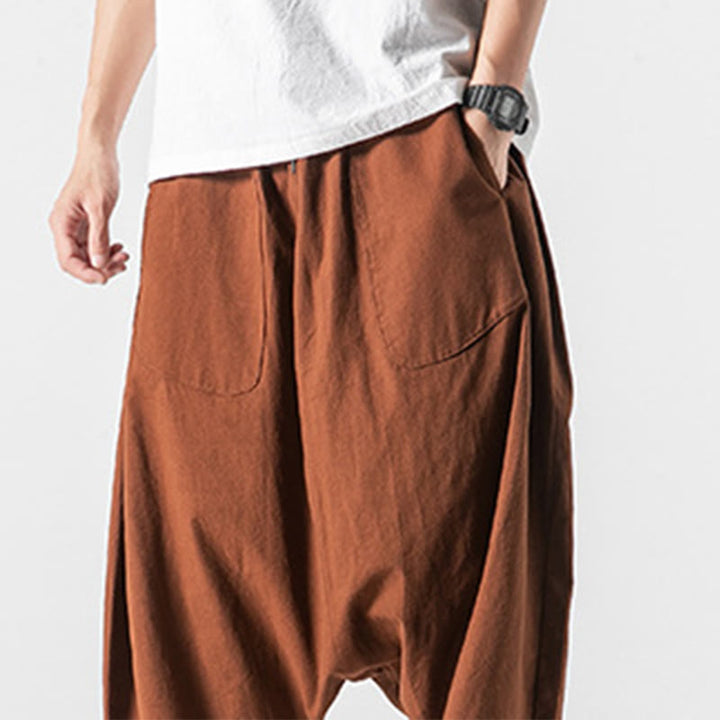 Buddha Stones Lässige Herrenhose aus Baumwollleinen mit weitem Bein und tiefem Schritt, Kordelzug, Länge 7–8, mit Taschen