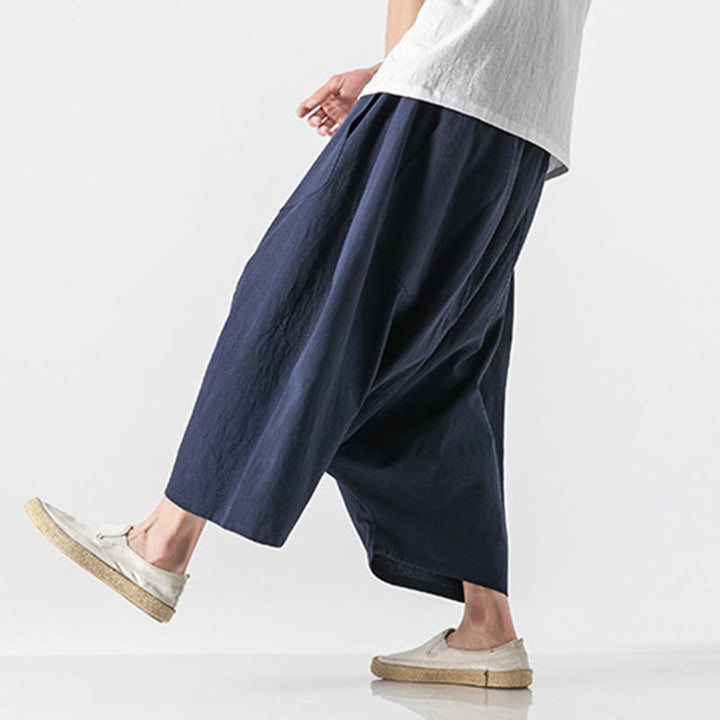 Buddha Stones Lässige Herrenhose aus Baumwollleinen mit weitem Bein und tiefem Schritt, Kordelzug, Länge 7–8, mit Taschen
